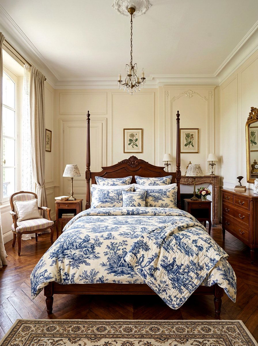 Toile de Jouy pattern - 30 Parisian hotel bedroom ideas