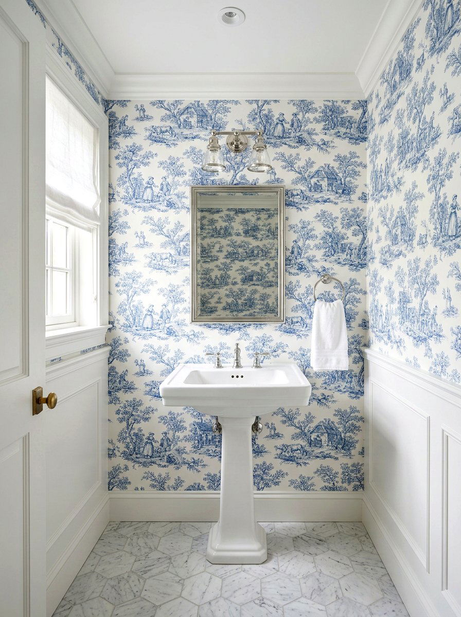 Toile de Jouy wallpaper - 30 jewel box powder room wallpaper ideas
