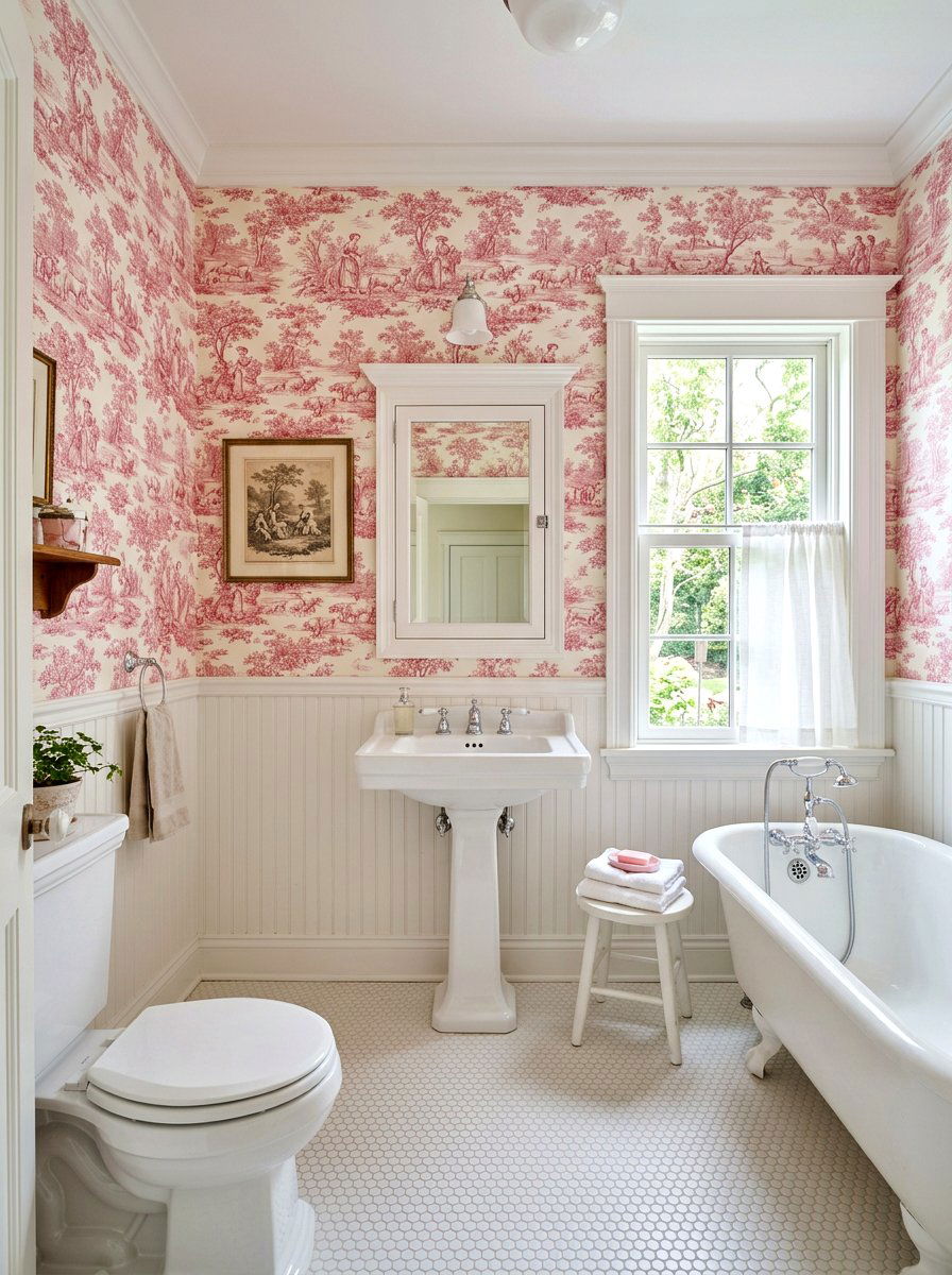 Toile de jouy bathroom wallpaper - 30 coquette bathroom ideas