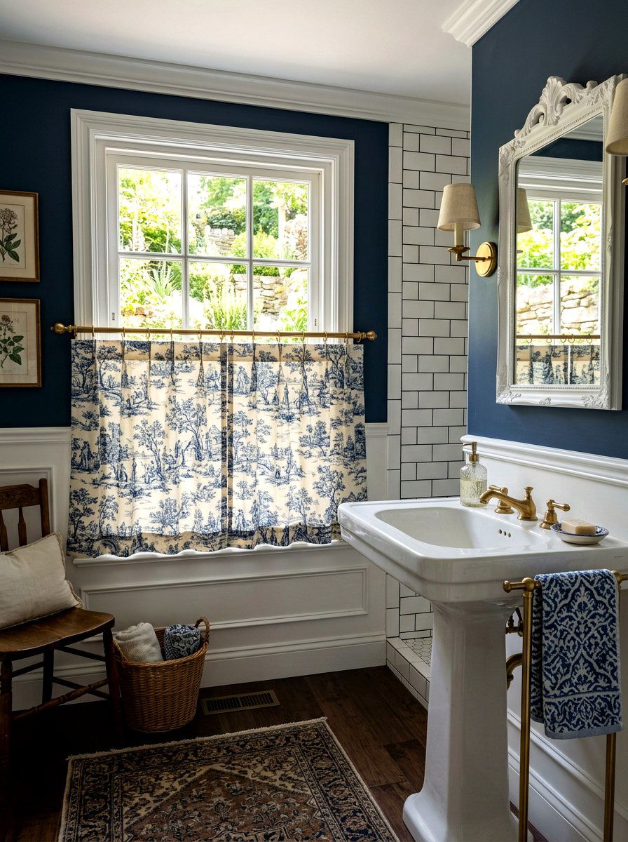 Toile fabric bathroom cafe curtain - 30 cafe curtain bathroom ideas