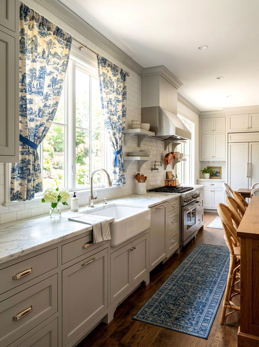 Toile kitchen curtains - 30 kitchen curtain sink ideas