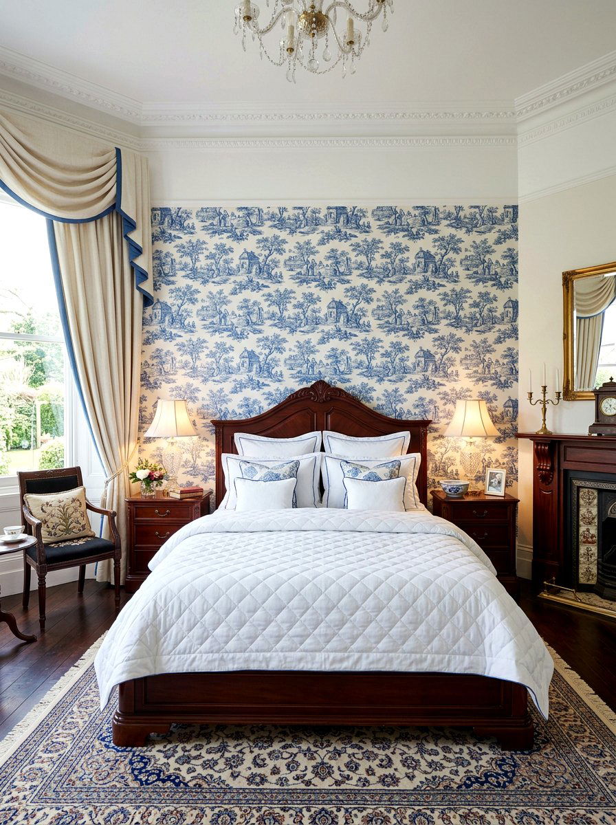 Toile print wallpaper traditional bedroom - 30 wallpaper accent wall ideas