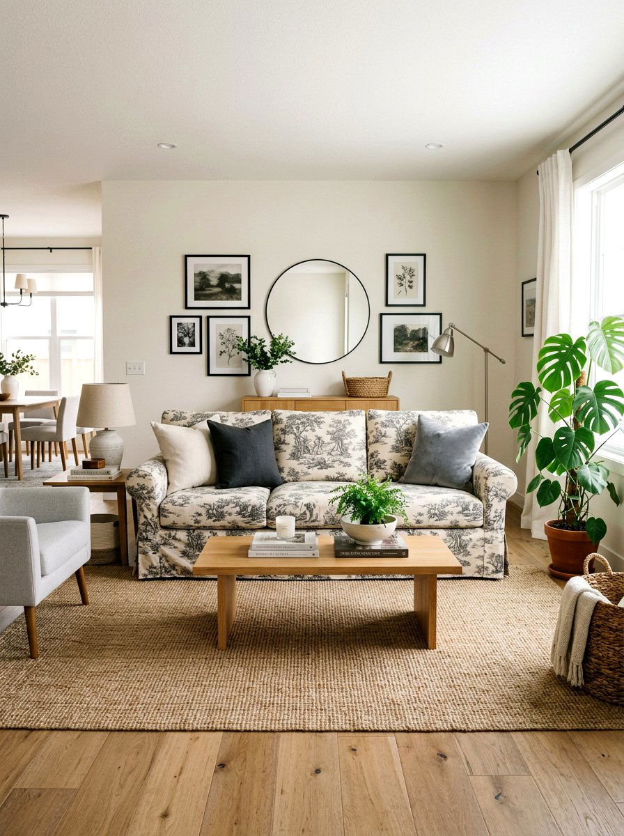 Toile slipcovered sofa living area - 30 toile decor ideas