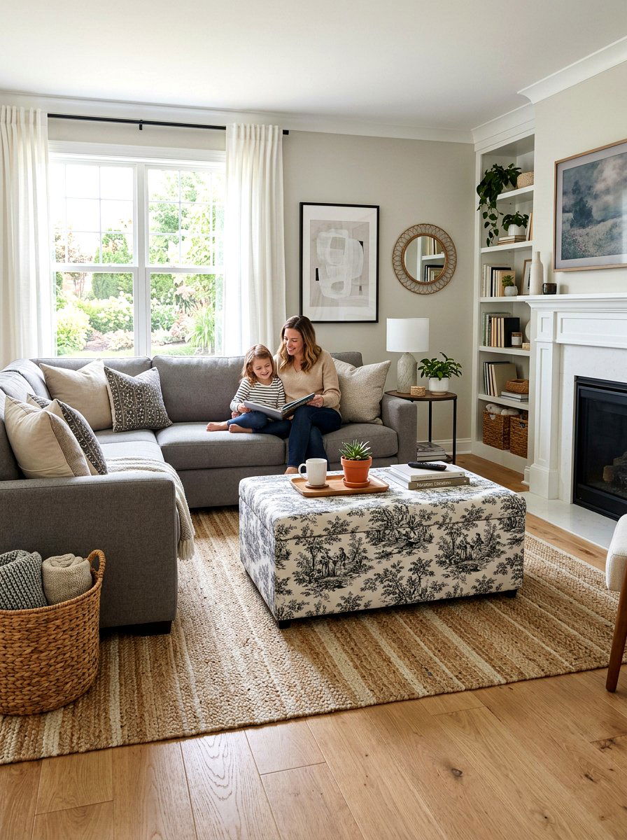 Toile storage ottoman family room - 30 toile decor ideas