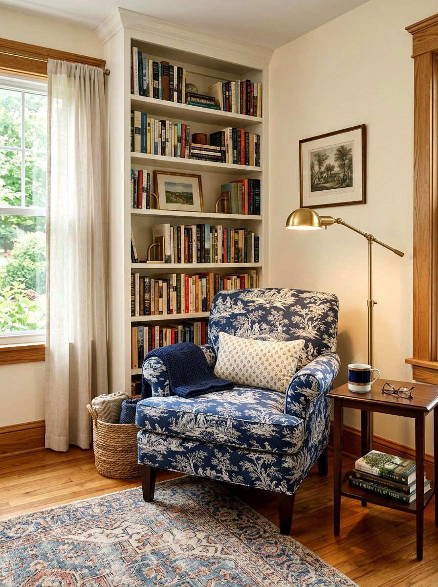 Toile upholstered armchair accent - 30 toile decor ideas
