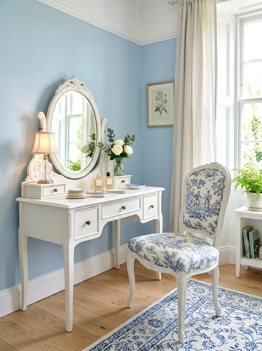 Toile vanity chair - 30 coquette vanity ideas