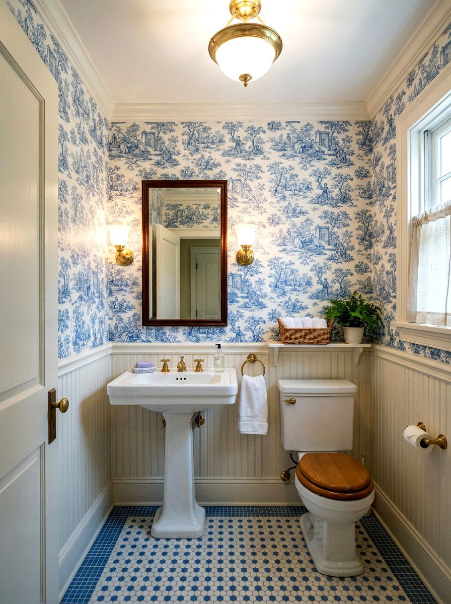 Toile wallpaper accents - 30 traditional powder room ideas
