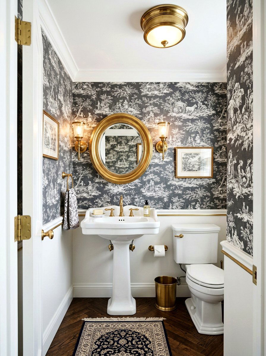 Toile wallpaper powder room - 30 toile decor ideas