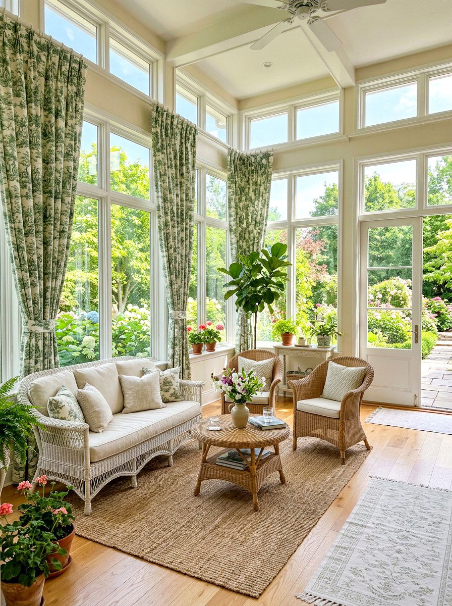 Toile window treatment sunroom - 30 toile decor ideas