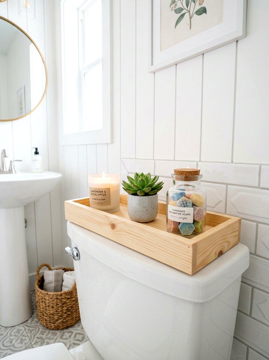 Toilet Tank Wood Tray - 30 no drill shelf styling ideas
