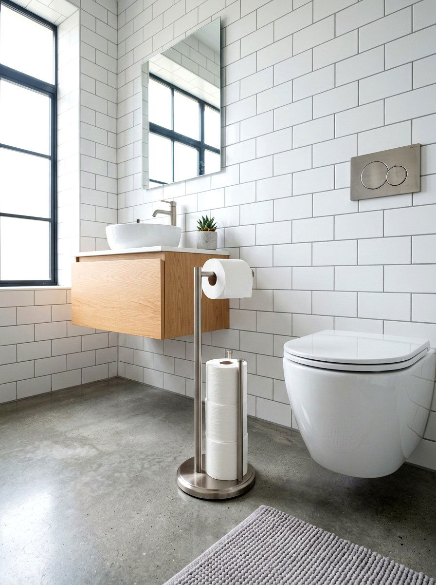 Toilet paper floor stand - 30 renter friendly bathroom decor ideas