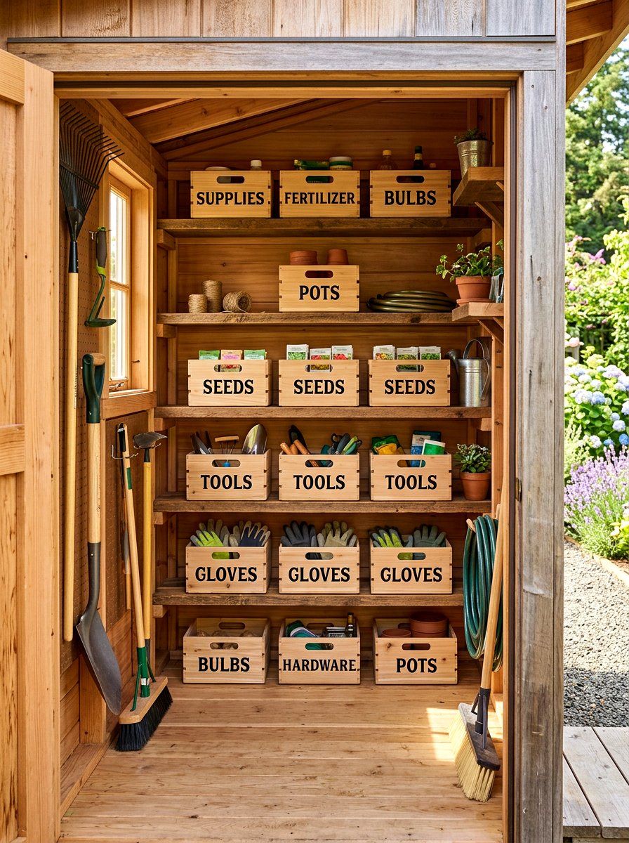 Tool Shed Crate Organization - 30 garden crate storage ideas