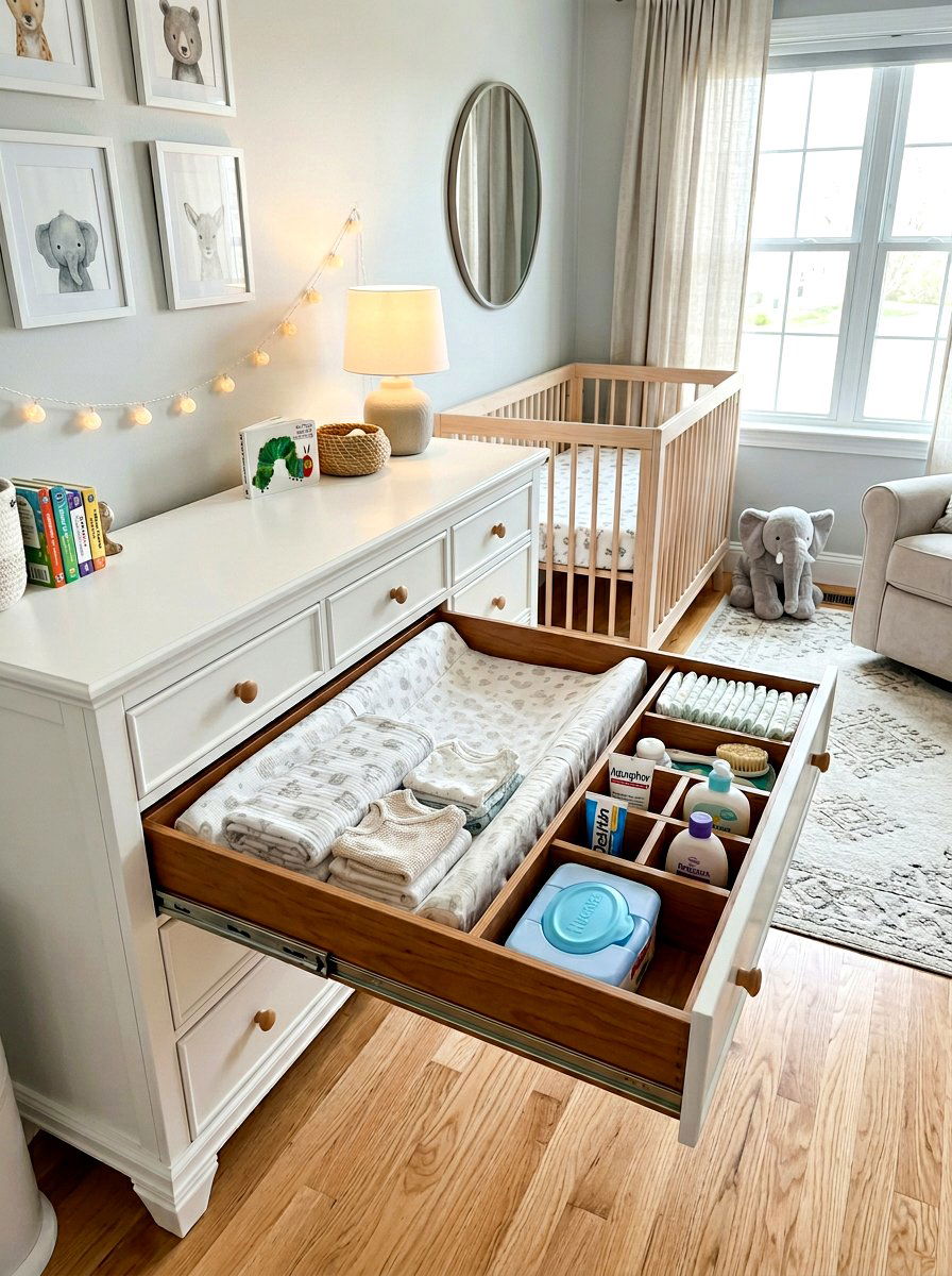 Top drawer diapering station - 30 nursery dresser organization ideas