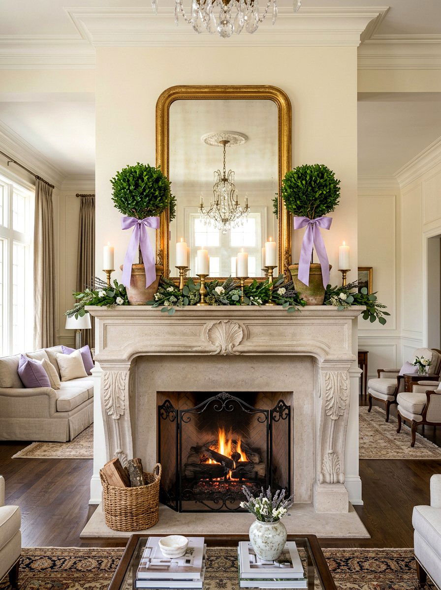 Topiary And Ribbon Mantel - 30 spring mantel styling ideas