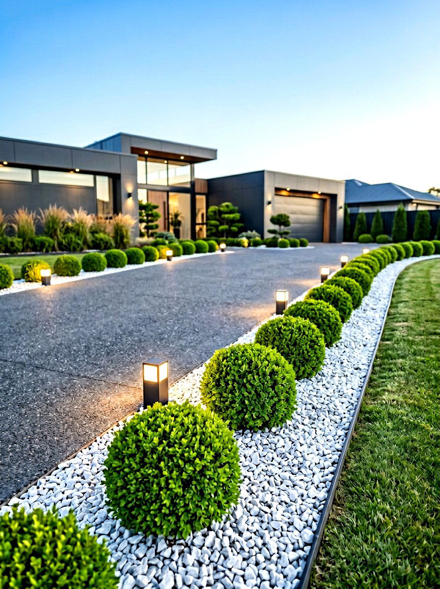 Topiary ball driveway edge - 30 driveway side garden ideas