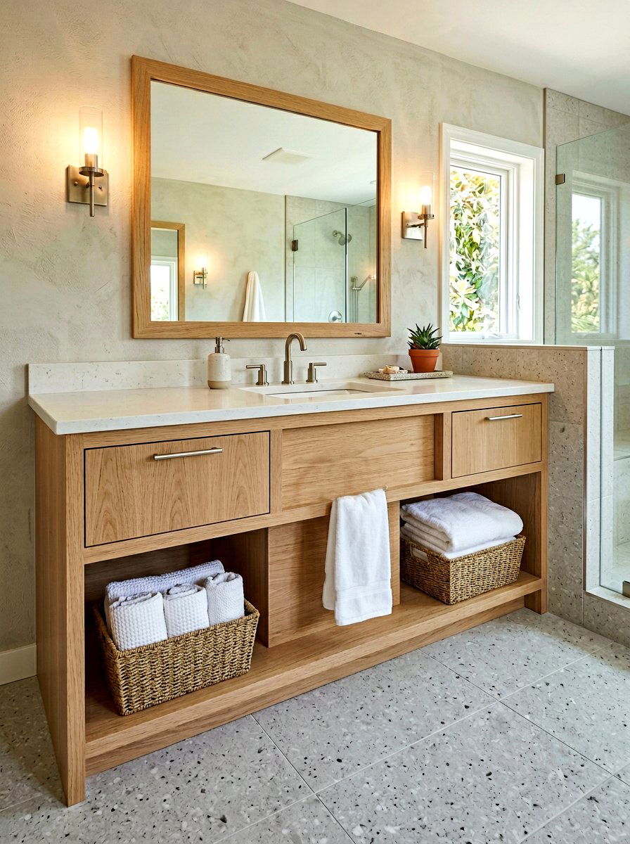 Towel ring inside open vanity shelf - 30 towel ring placement ideas