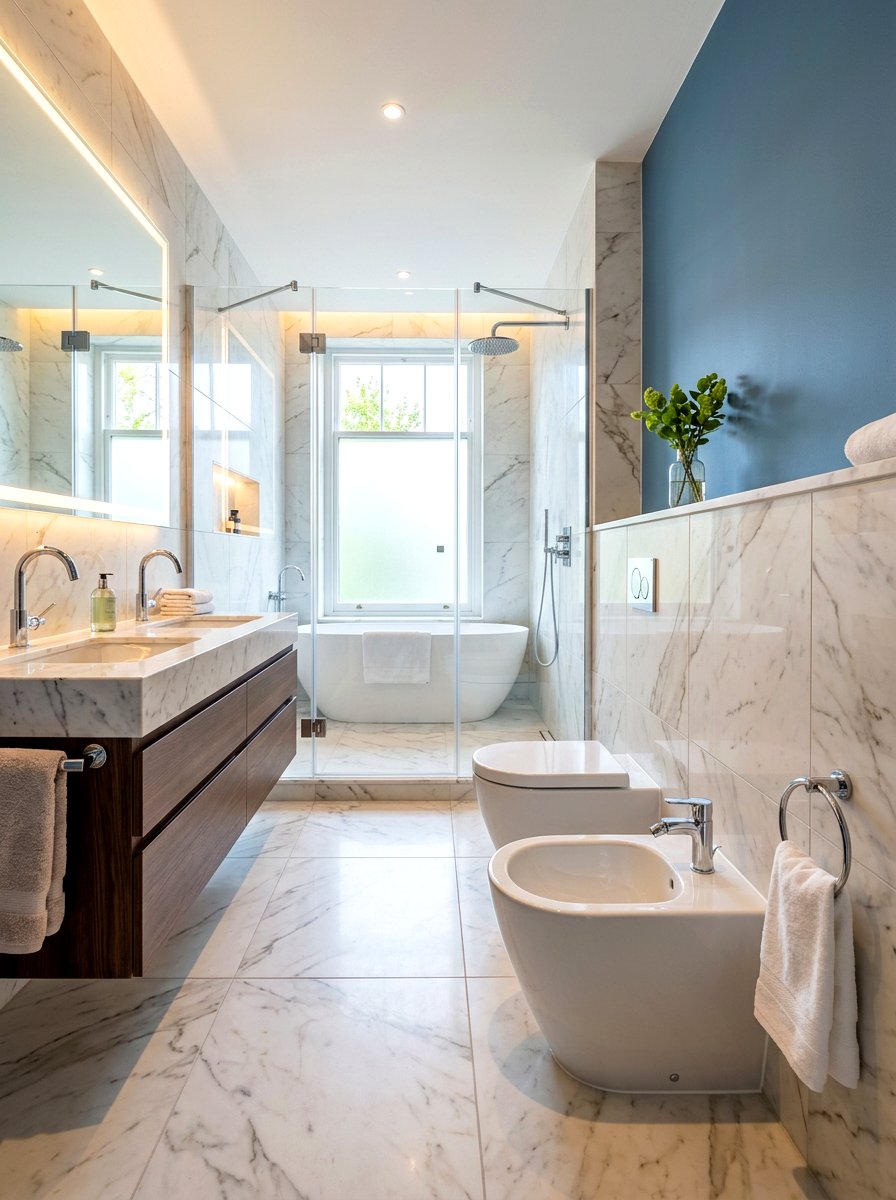 Towel ring near bidet toilet area - 30 towel ring placement ideas