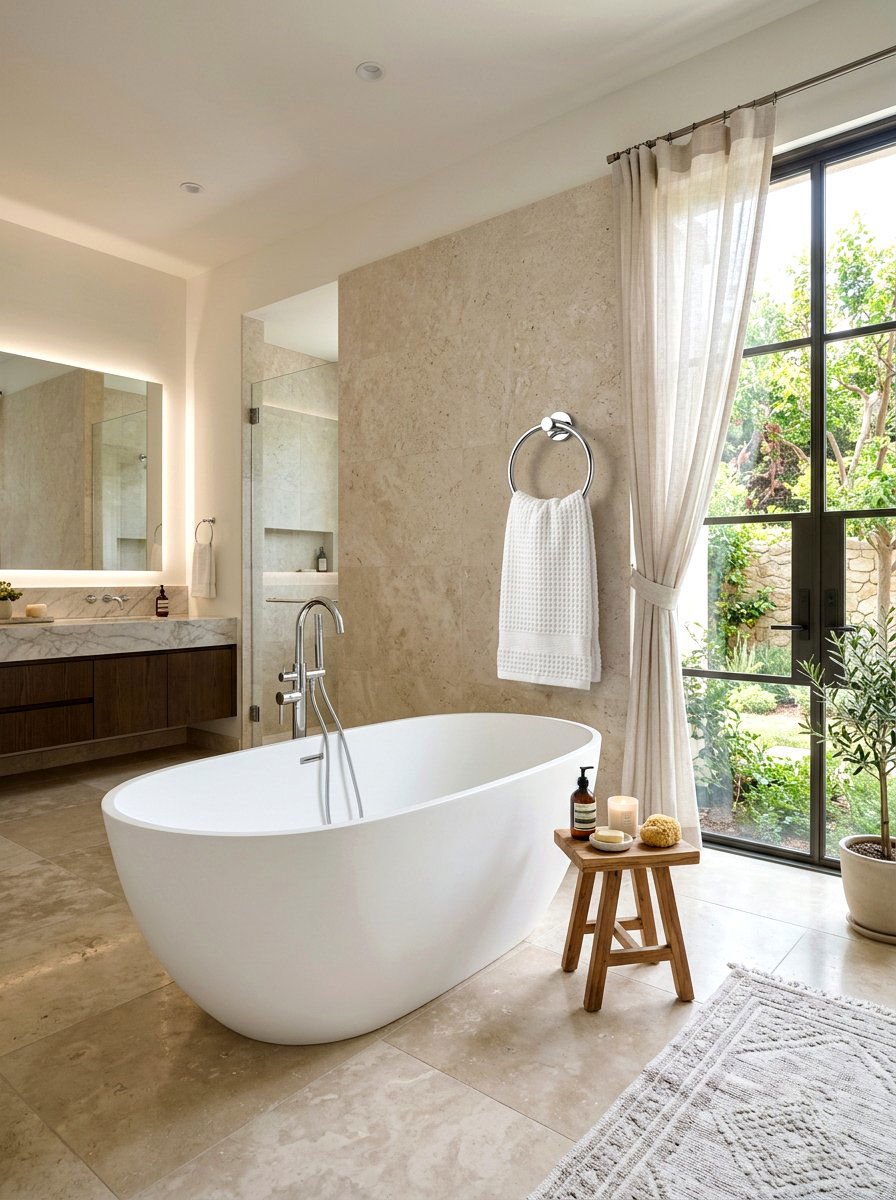 Towel ring near freestanding bathtub - 30 towel ring placement ideas