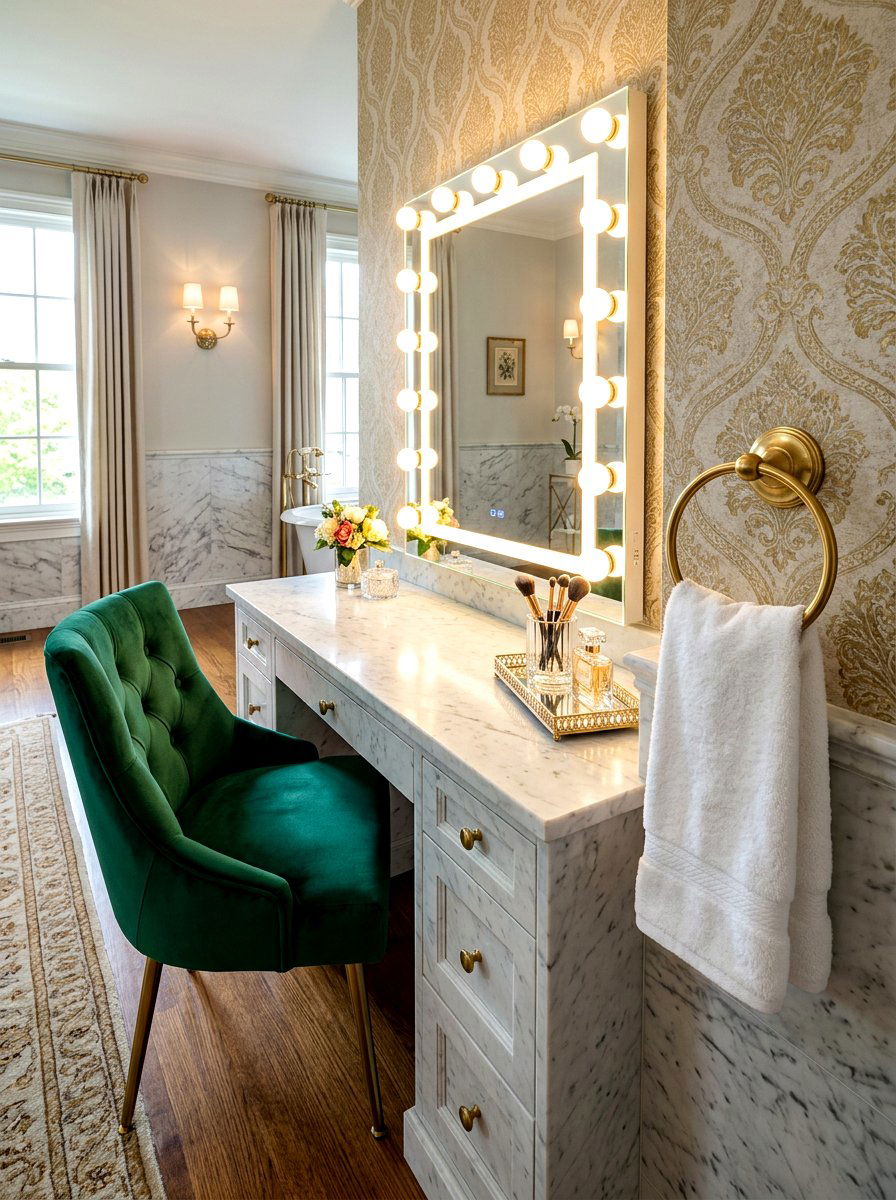 Towel ring near makeup dressing table - 30 towel ring placement ideas