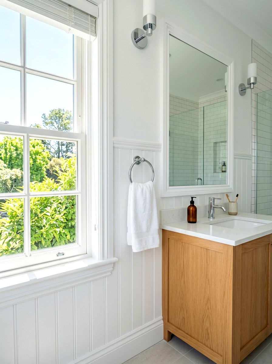 Towel ring next to window trim - 30 towel ring placement ideas