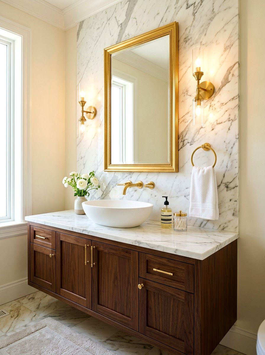 Towel ring on marble tile backsplash - 30 towel ring placement ideas