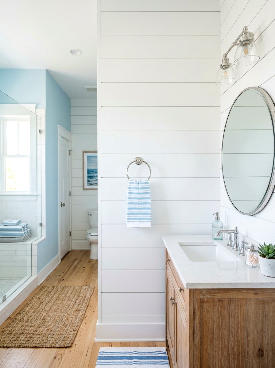 Towel ring on shiplap bathroom wall - 30 towel ring placement ideas