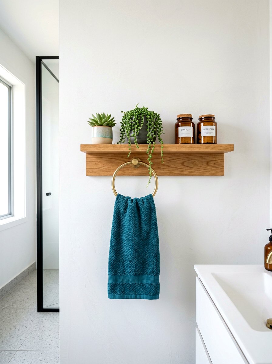 Towel ring under floating bathroom shelf - 30 towel ring placement ideas