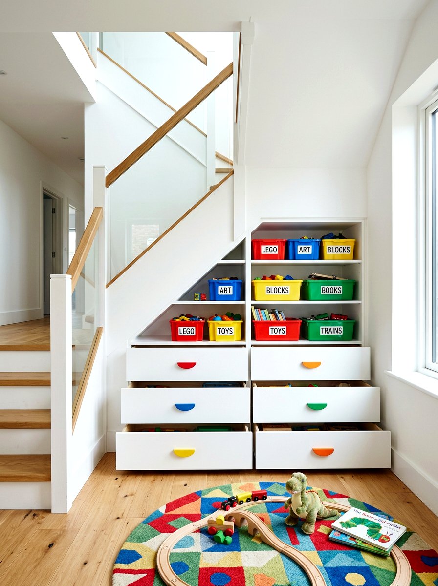 Toy Storage Under Stairs - 30 staircase nook ideas