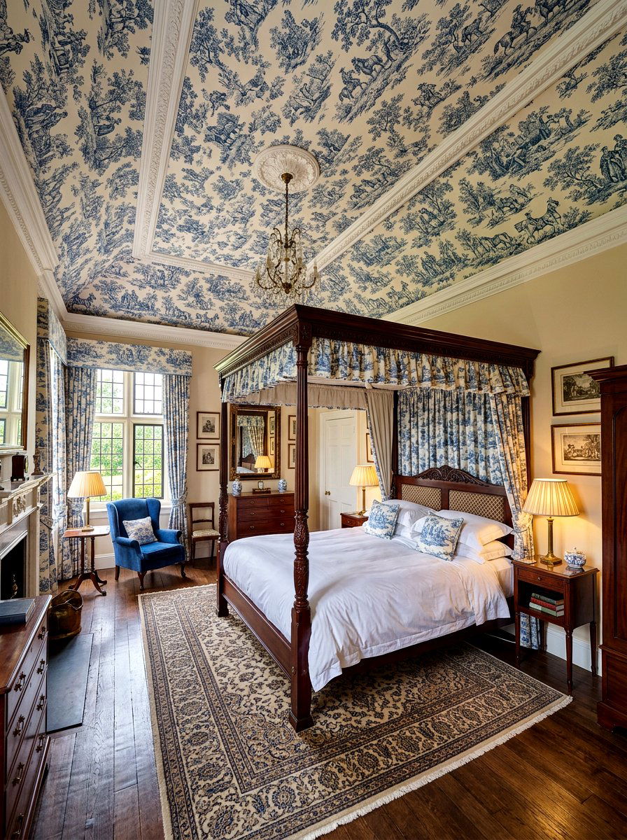 Traditional Blue Toile Bedroom - 30 wallpaper ceiling ideas