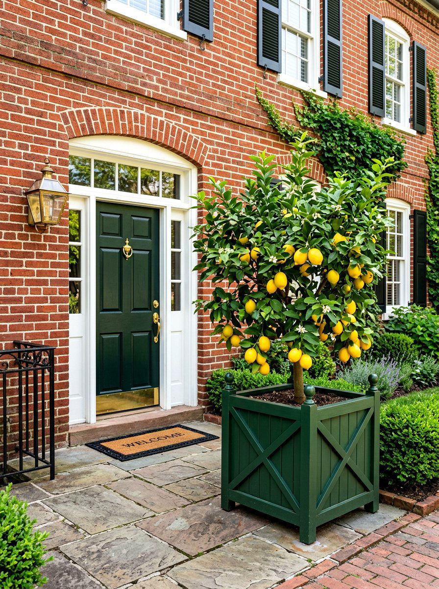 Traditional Brick Entryway Lemon Tree - 30 potted citrus front entry ideas