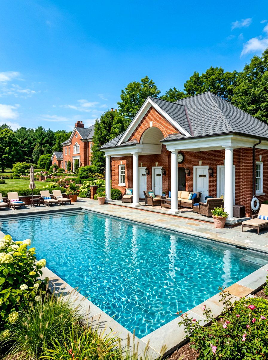 Traditional Brick Pool House - 30 pool house lounge backyard ideas