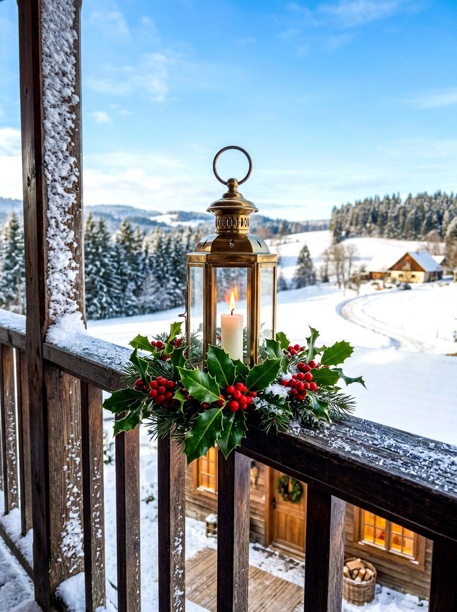 Traditional Candle Lantern With Holly - 30 winter porch lantern ideas