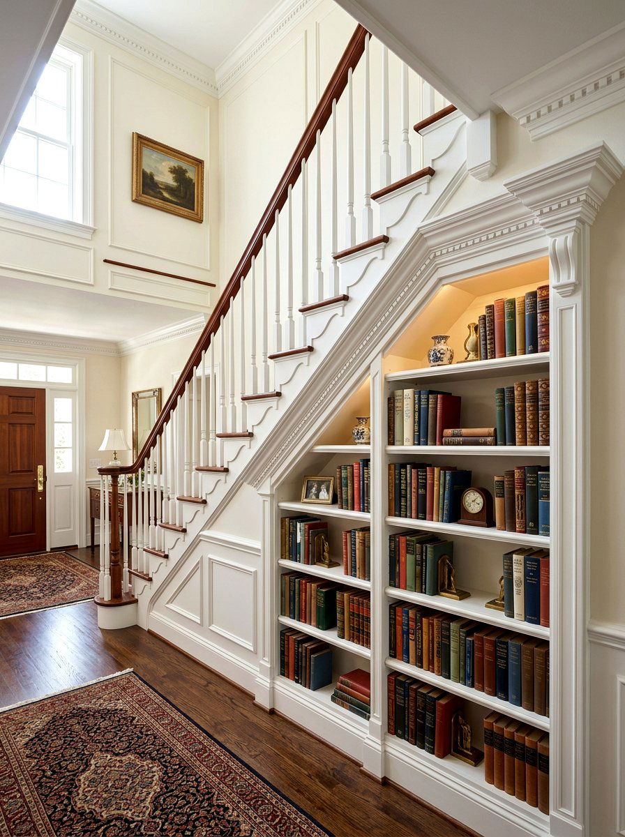 Traditional Crown Molded Under Stair Bookshelf - 30 under staircase bookshelf ideas