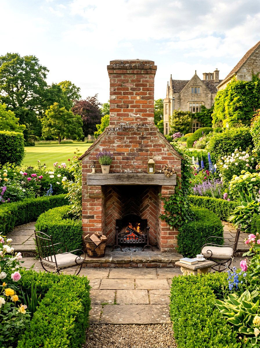 Traditional English garden brick fireplace - 30 brick outdoor fireplace ideas
