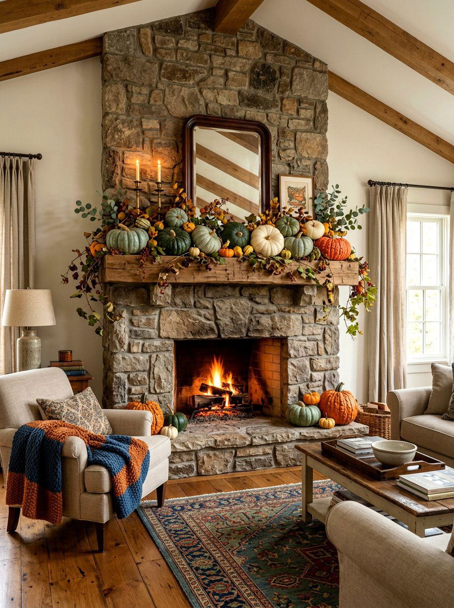 Traditional Heirloom Pumpkin Mantel - 30 fall mantel styling ideas