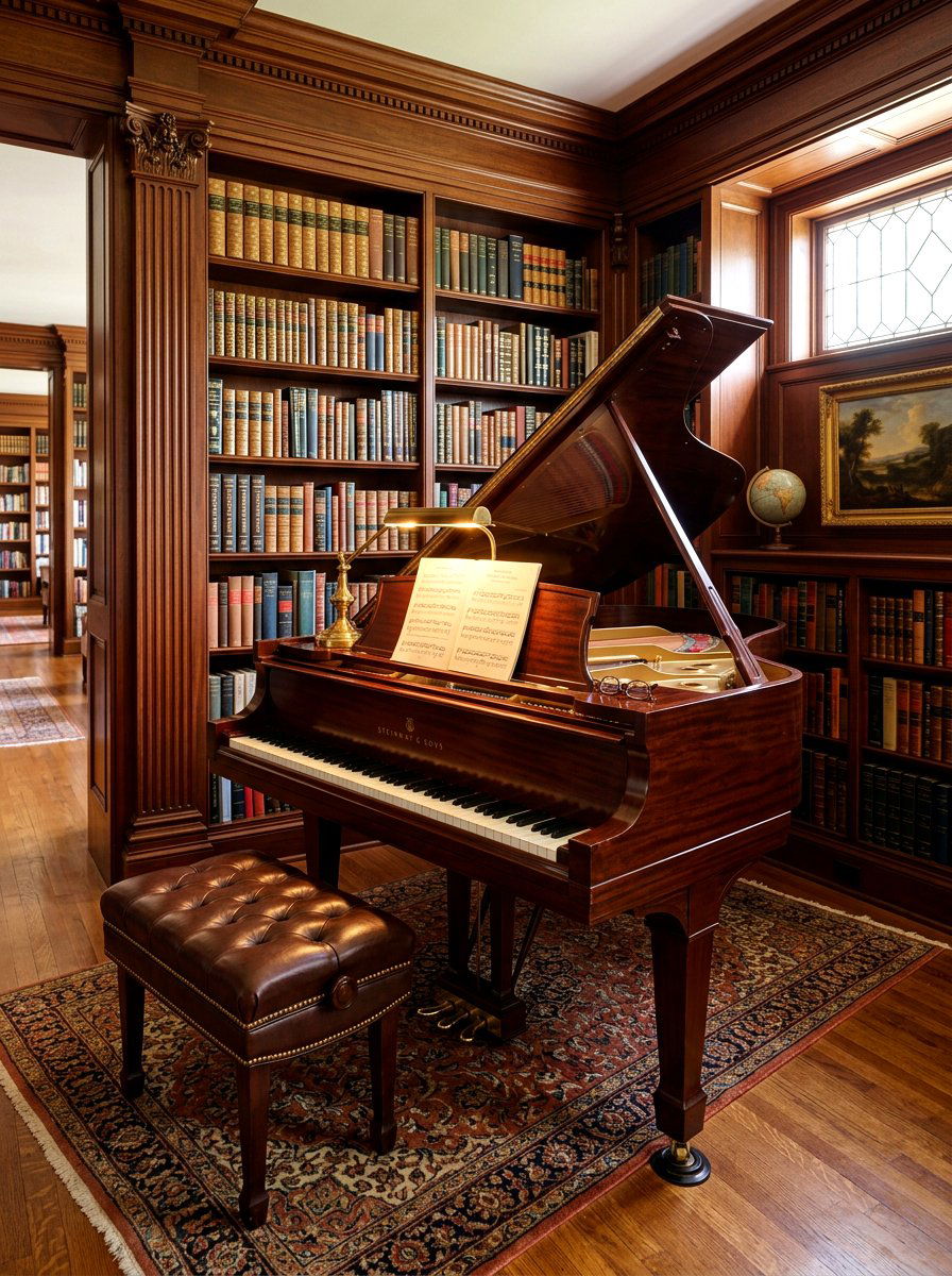 Traditional Library Piano Corner - 30 piano corner ideas