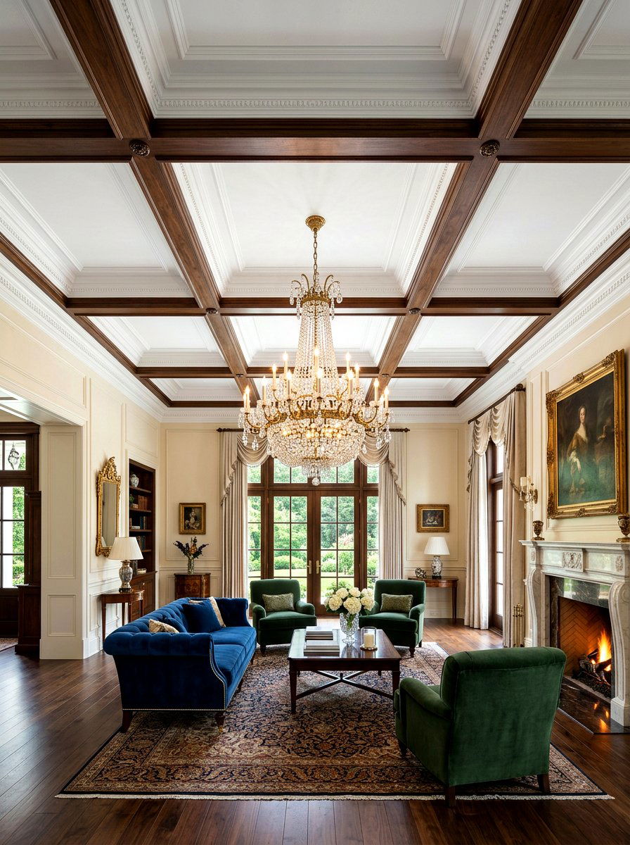 Traditional Living Room Coffered Ceiling - 30 layered traditional living room ideas