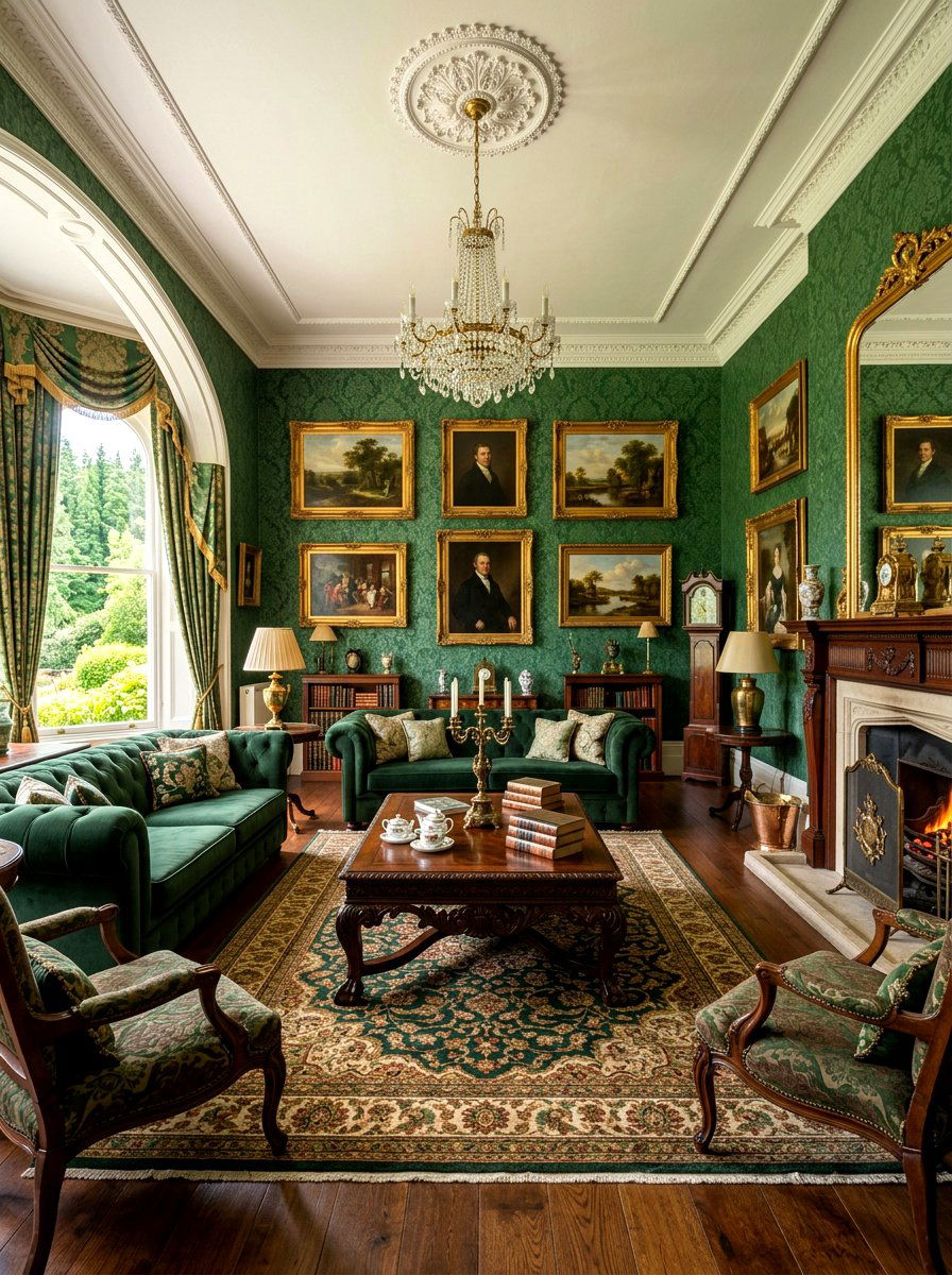 Traditional Living Room With Green Wallpaper And Mahogany Furniture - 30 forest green and brown living room ideas