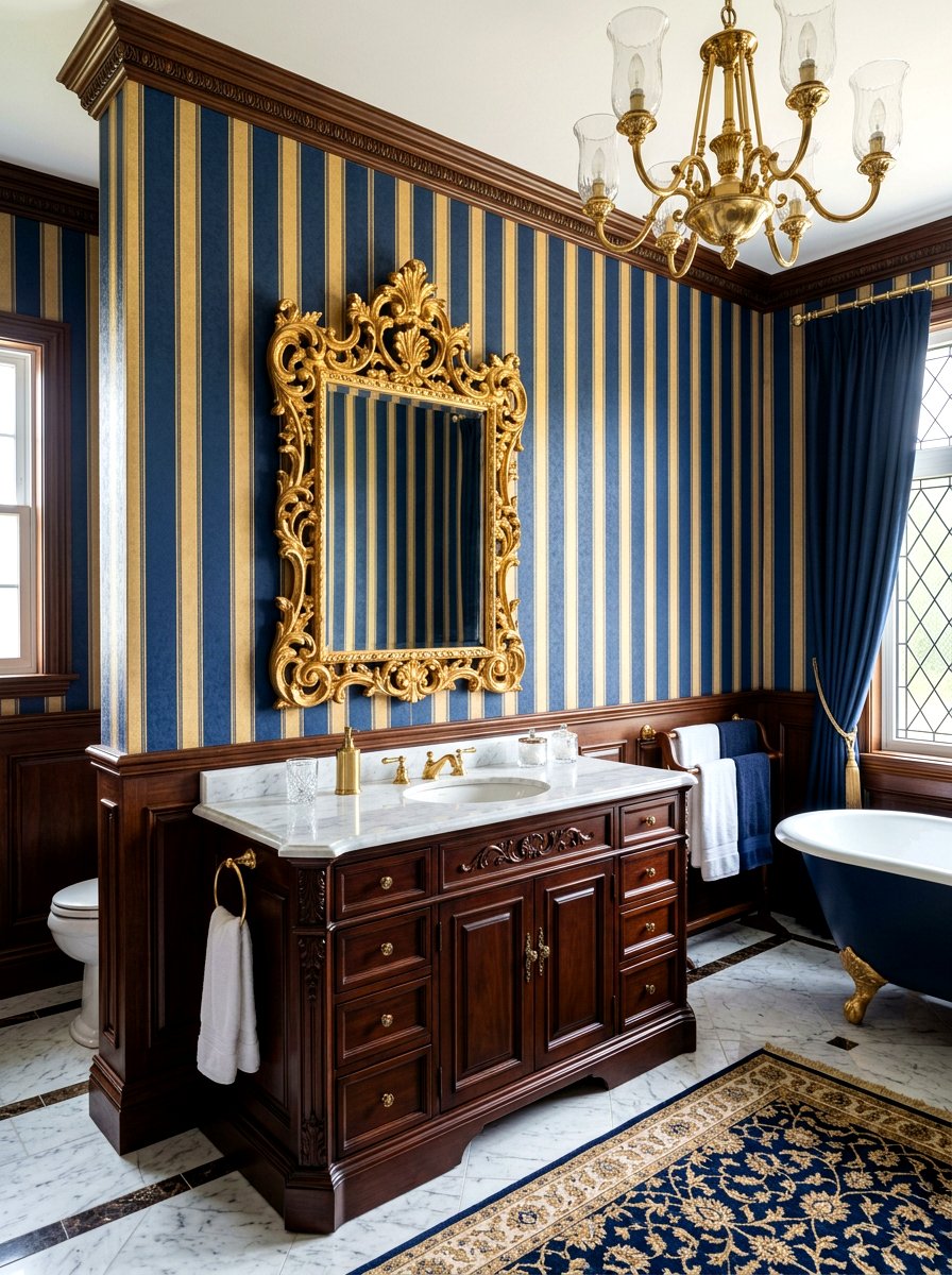 Traditional Navy And Gold Striped Bathroom - 30 striped bathroom wallpaper ideas
