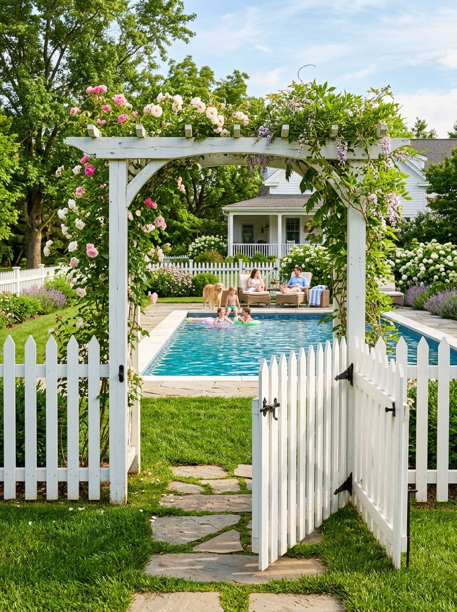 Traditional Picket Pool Gate - 30 pool gate ideas