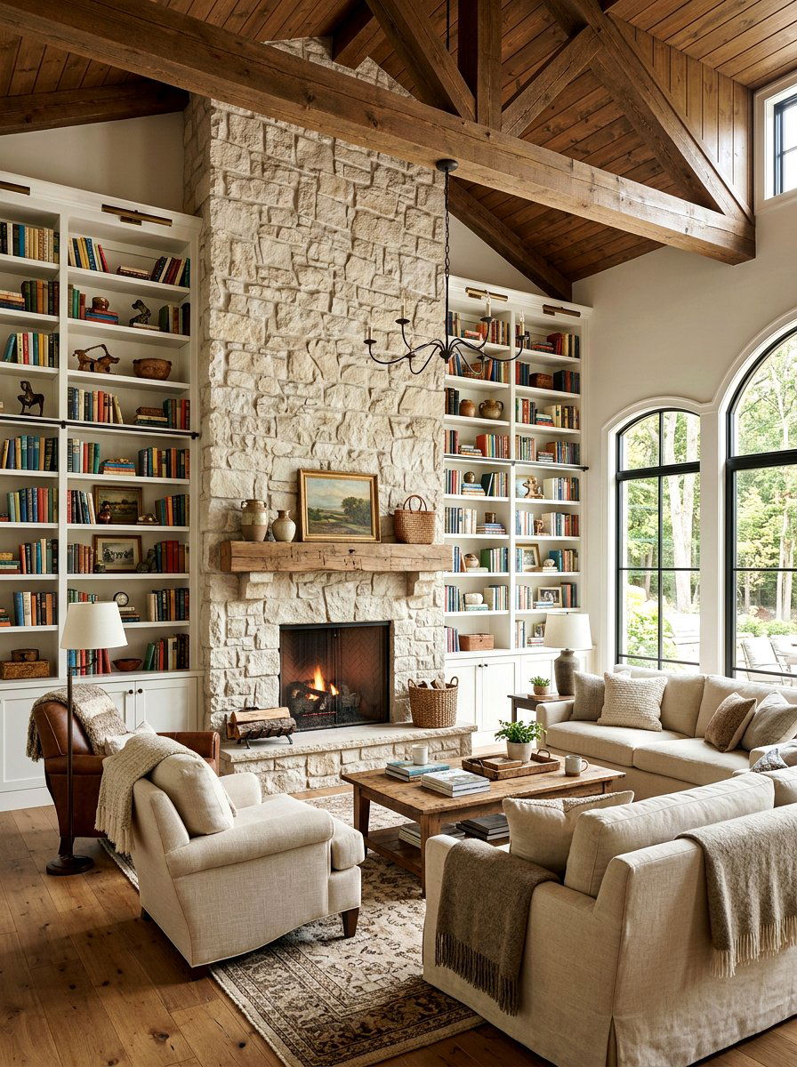 Traditional Stone Fireplace With Bookshelves - 30 library fireplace ideas
