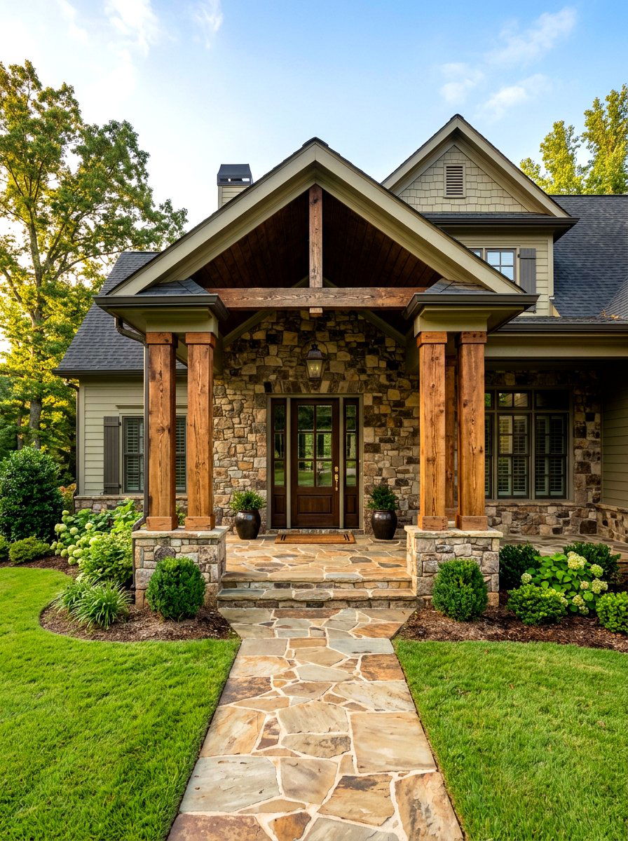 Traditional Stone Porch With Cedar Columns - 30 stone and wood exterior ideas
