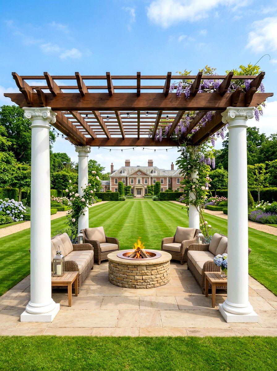 Traditional Symmetrical Pergola - 30 fire pit pergola ideas