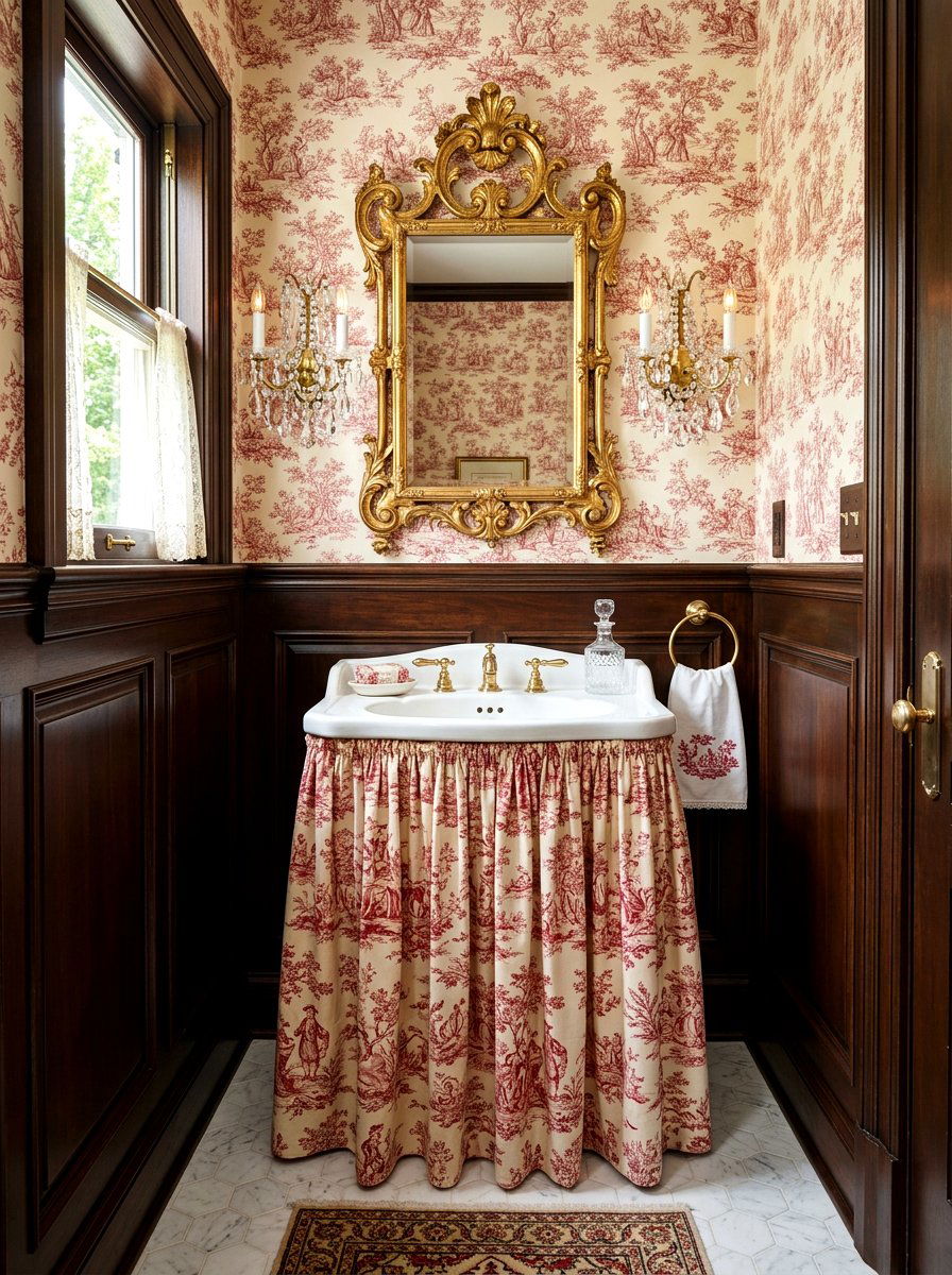 Traditional Toile Powder Room Sink - 30 skirted powder room sink ideas