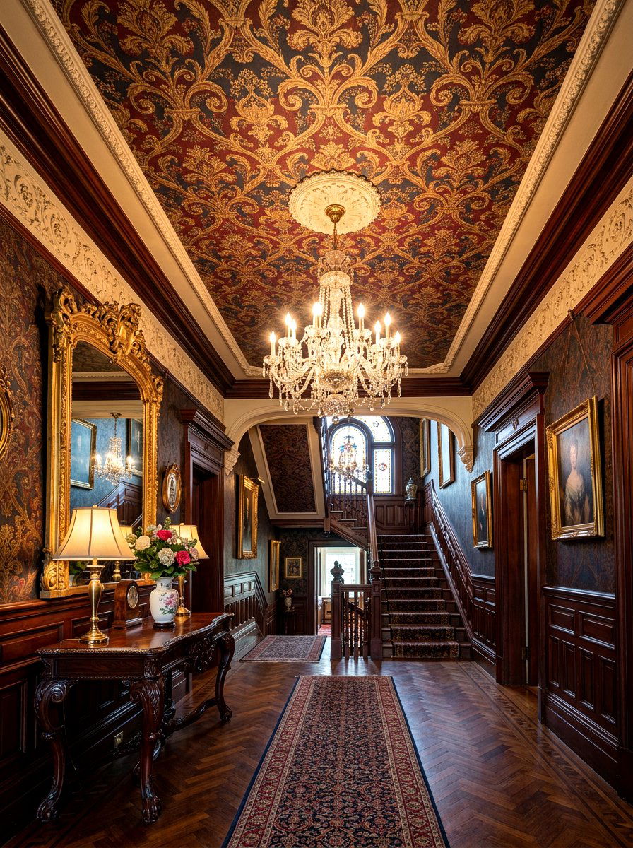 Traditional Victorian Wallpaper Entryway - 30 wallpapered foyer ceiling ideas