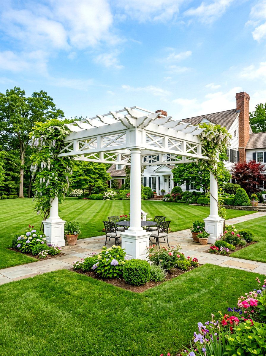 Traditional White Pergola - 30 attached pergola ideas