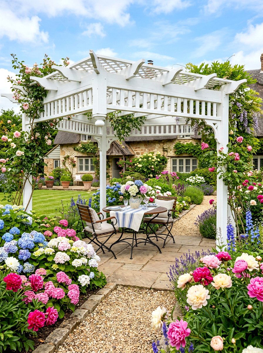 Traditional White Picket Pergola - 30 pergola dining backyard ideas