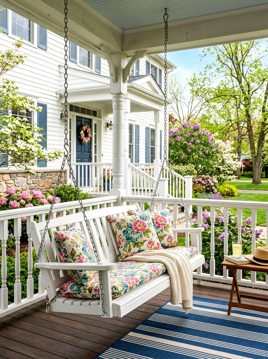 Traditional White Porch Swing - 30 front porch swing ideas