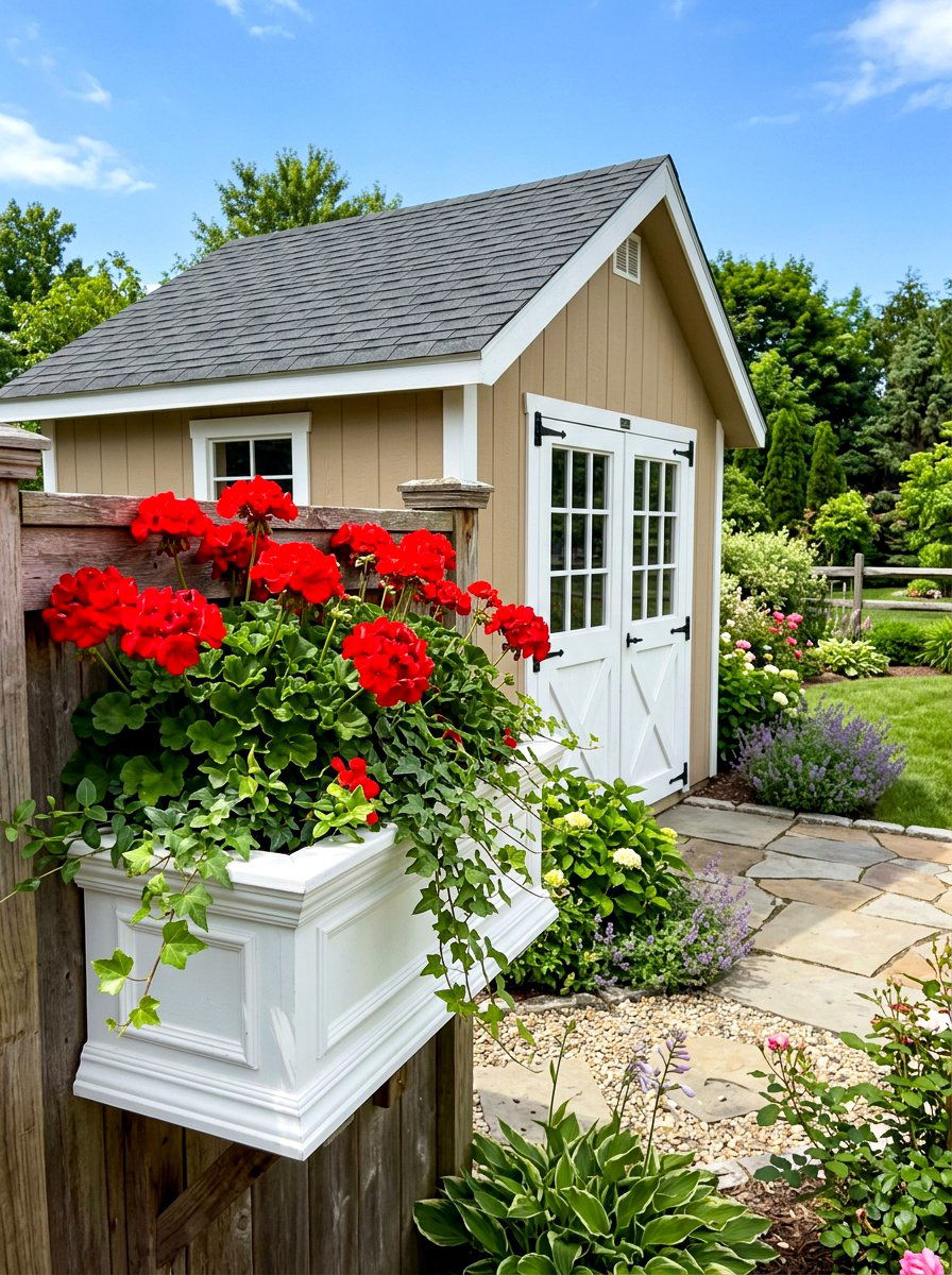 Traditional White Trim Box - 30 shed flower box ideas