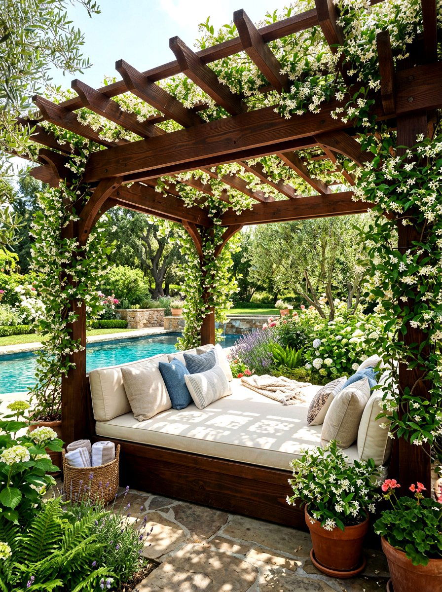 Traditional Wood Pergola Daybed - 30 poolside daybed cabana ideas